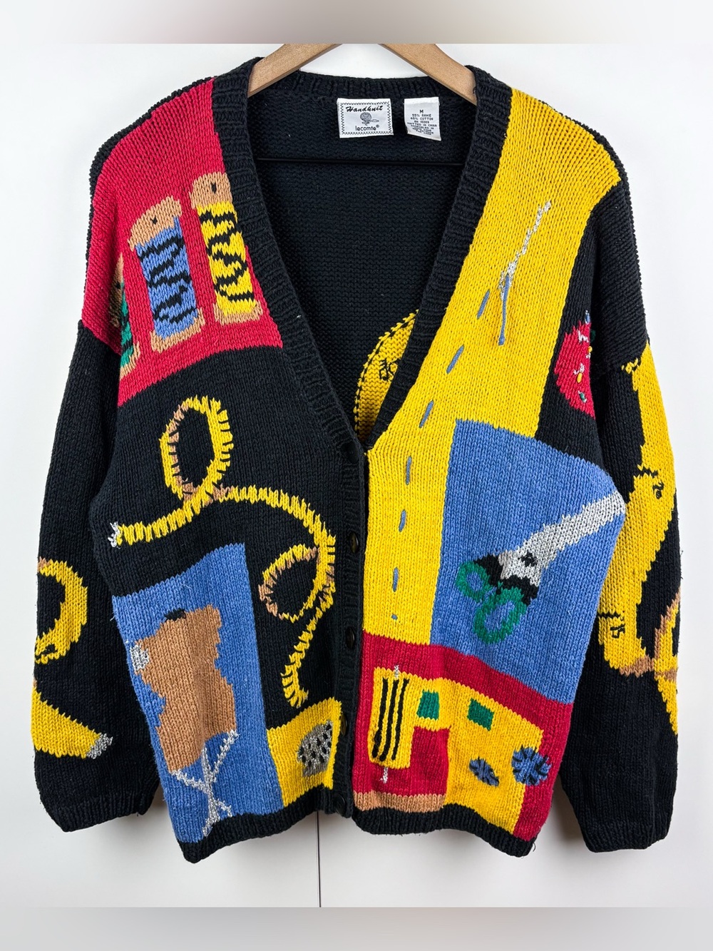 Vintage Sewing Tailor Seamstress Novelty Kitsch Motif Hand Knit Cardigan Sweater